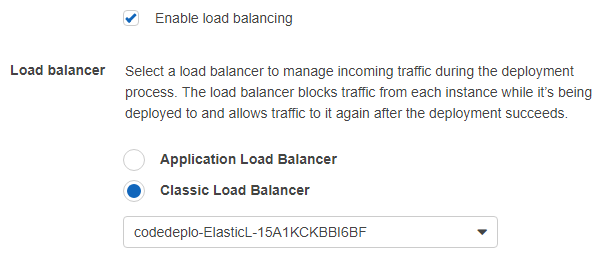 Shows a CodeDeploy deployment group configuration with an associated classic load balancer