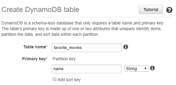 The settings for the DynamoDB table that is going to store the favorite movies