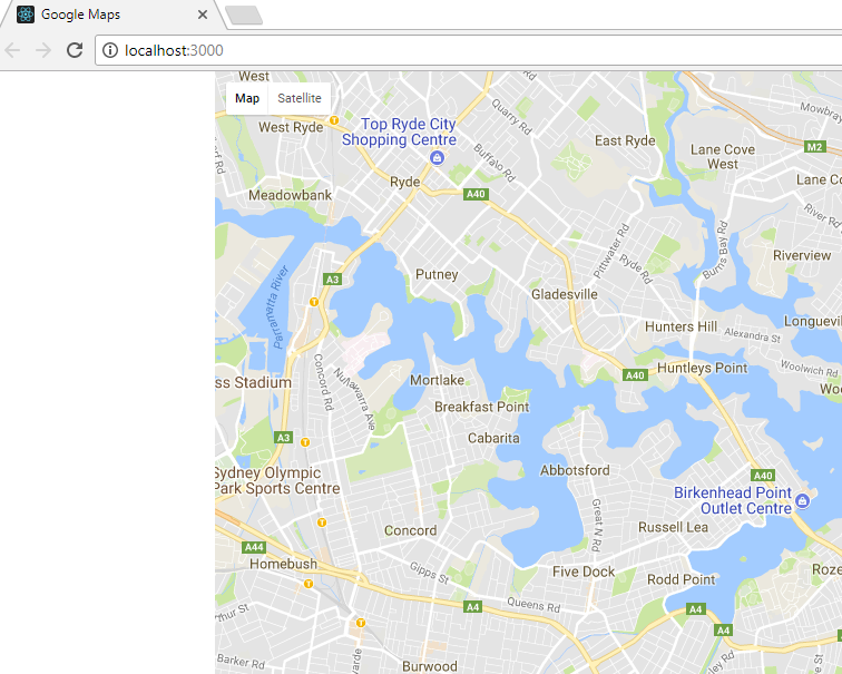 The initial Google Maps widget using ReactJS