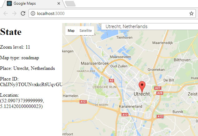 The finished Google Maps widget using ReactJS