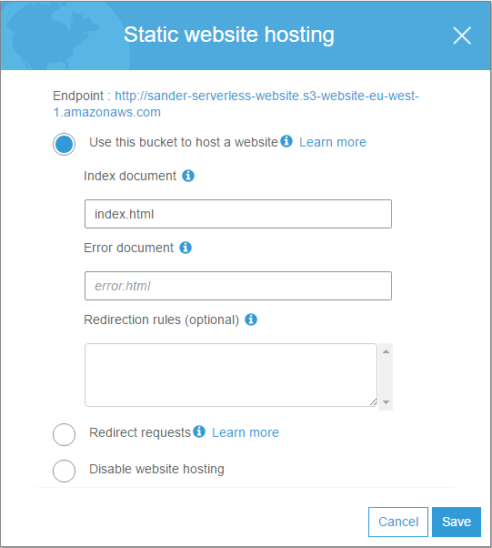 Setup an S3 bucket with static website hosting enabled.